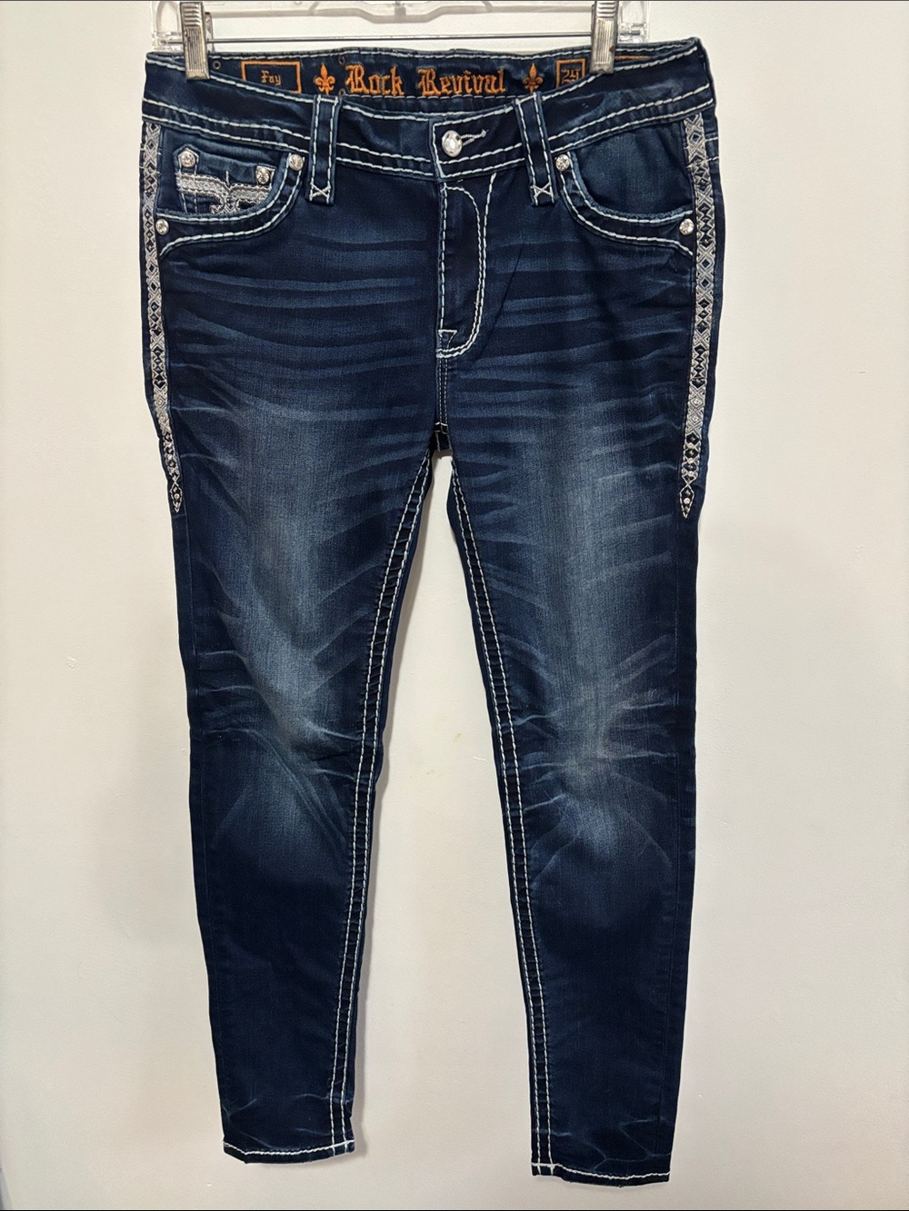 Rock Revival Fay Skinny Jeans Size 29 Dark Wash Embellished Rhinestone EP2702S20